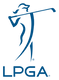 Logo of LPGA (Ladies Professional Golf Association) with a stylized figure holding a golf club on a black background.