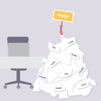Hand holding "Help!" sign from pile of papers labeled "Tax," "Audit," "Credit," and "Loss.