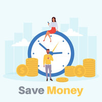 Illustration of two people next to a large clock with stacks of coins, text reads "Save Money".