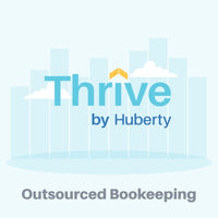 Thrive by Huberty" logo with "Outsourced Bookkeeping" text below, featuring stylized buildings and clouds.
