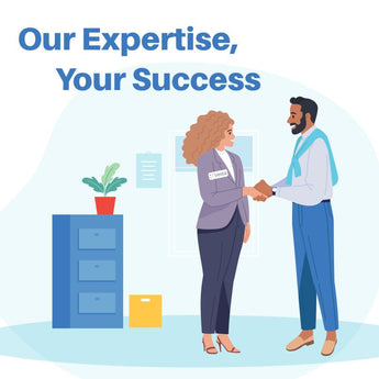 Business handshake between a woman in a purple jacket and a man in blue pants, with "Our Expertise, Your Success" text.