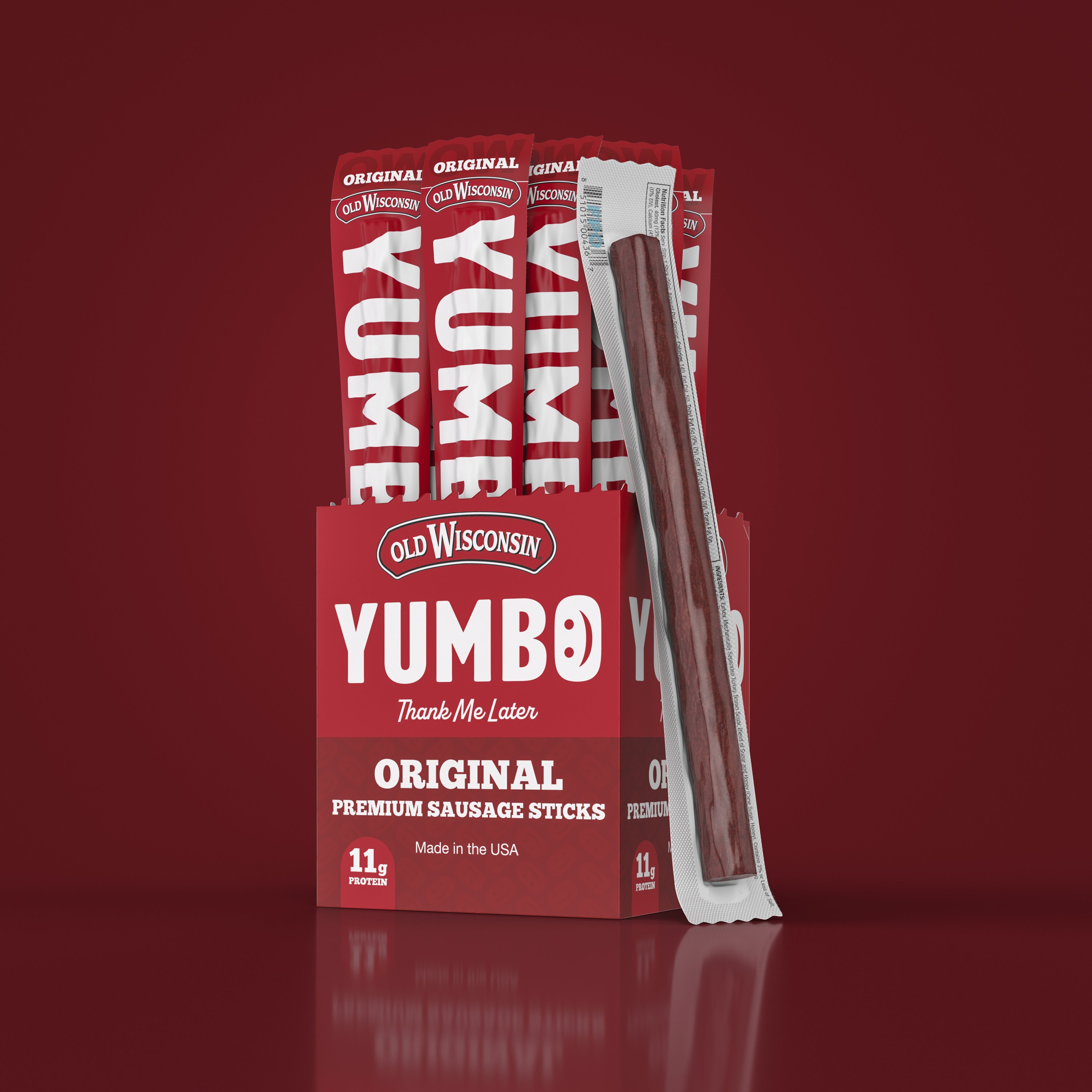 Old Wisconsin YUMBO! Original premium sausage sticks in a red box with 11g protein.