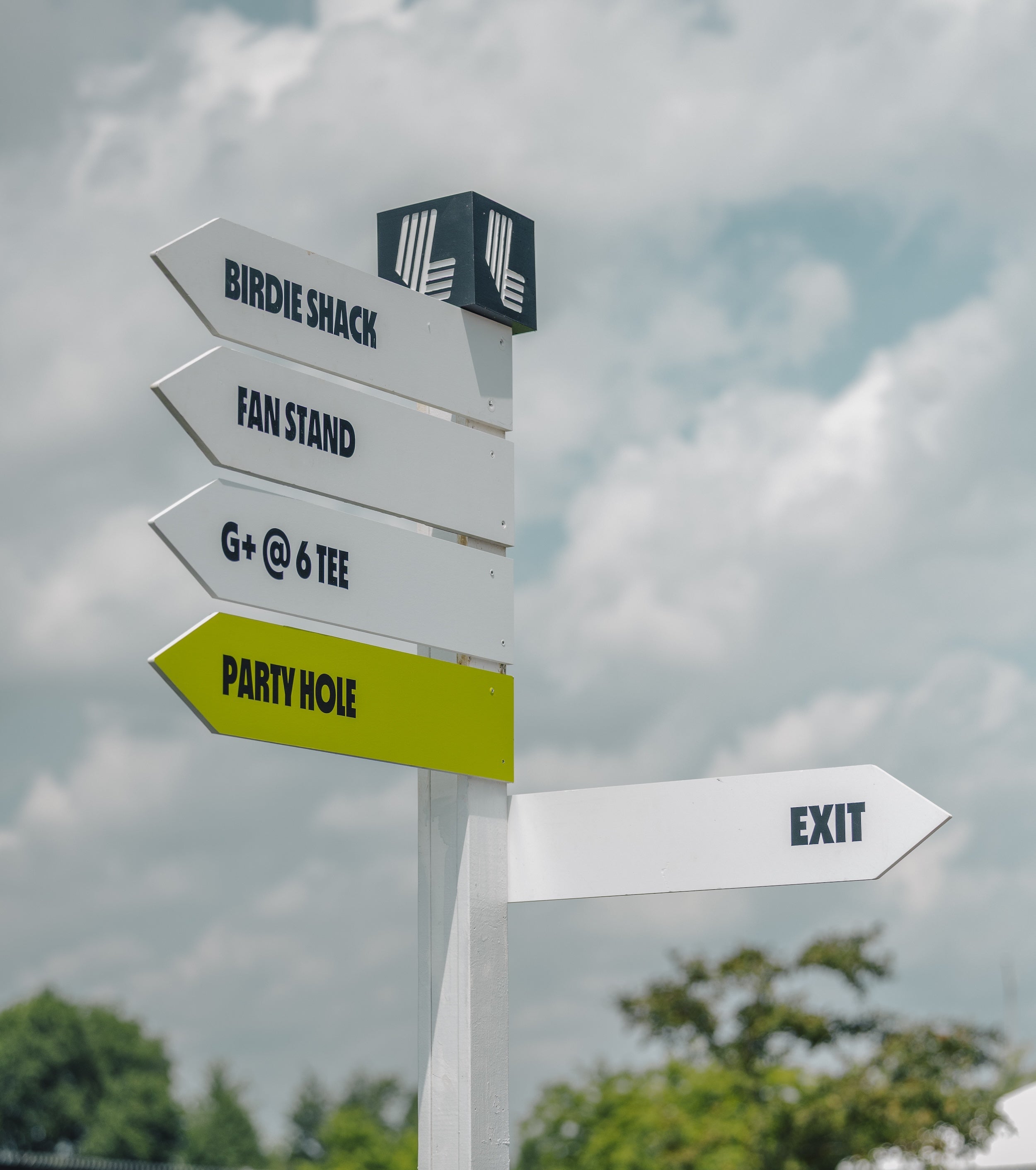 Directional signpost with various signs pointing to different areas at an outdoor event.