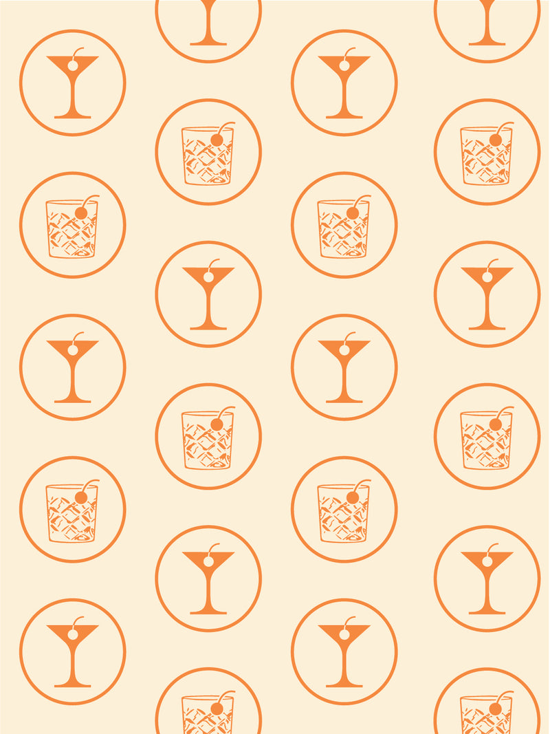 Pattern of cocktail icons in orange circles on a beige background