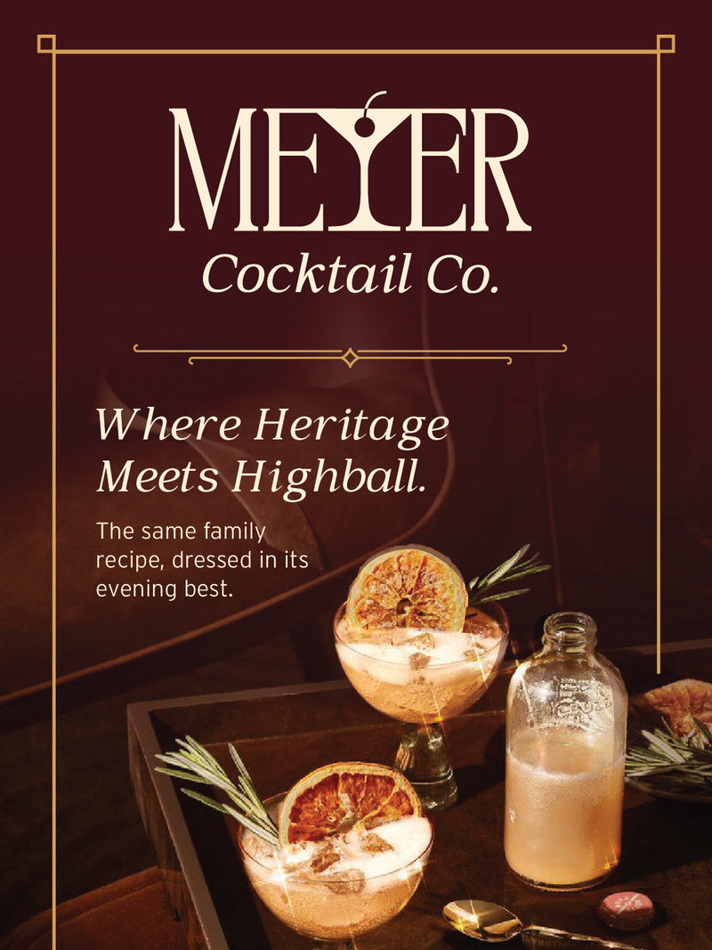 Advertisement for Meyer Cocktail Co. featuring cocktails and a bottle on a dark background.