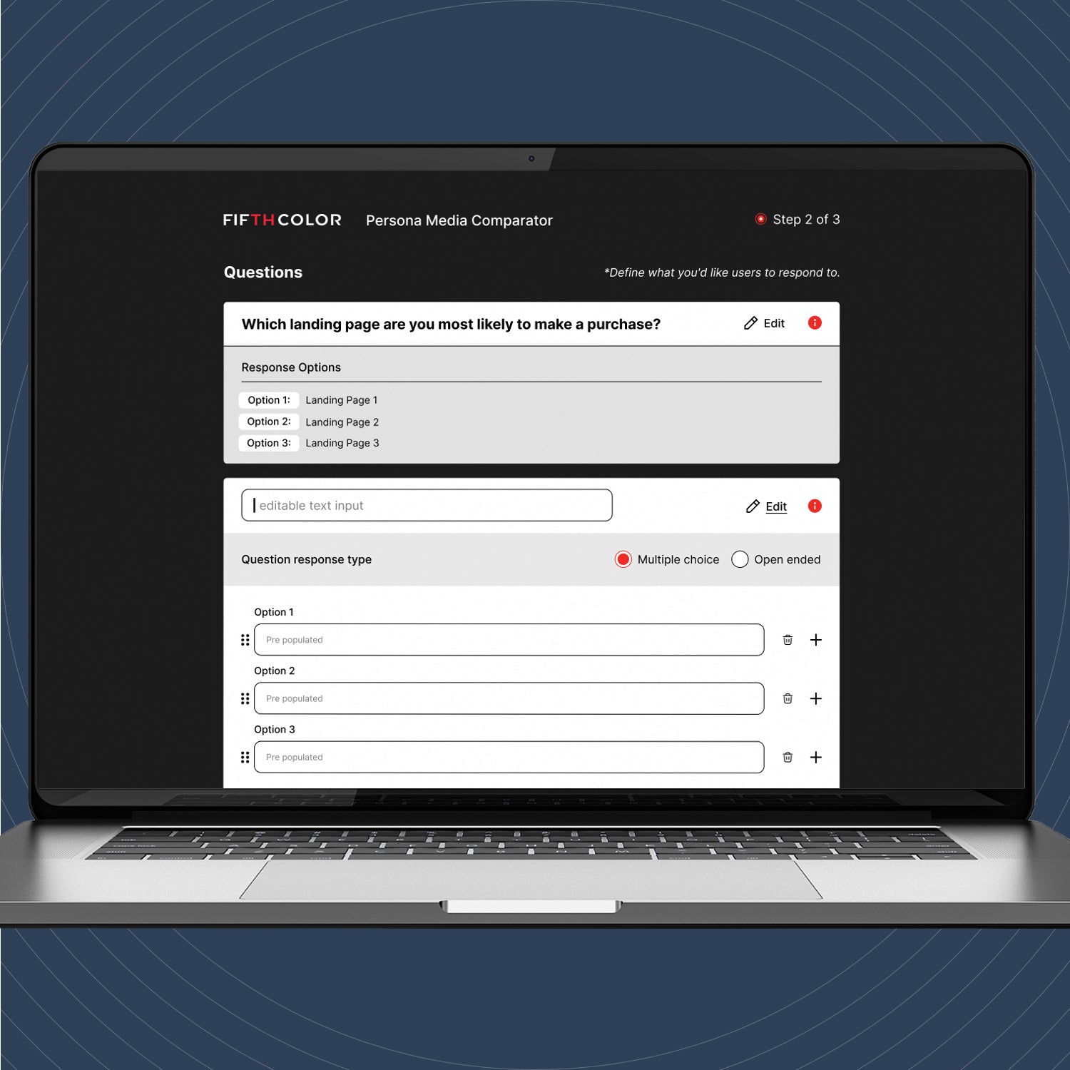 Laptop displaying a "Persona Media Comparator" tool with a question about landing page purchase likelihood.