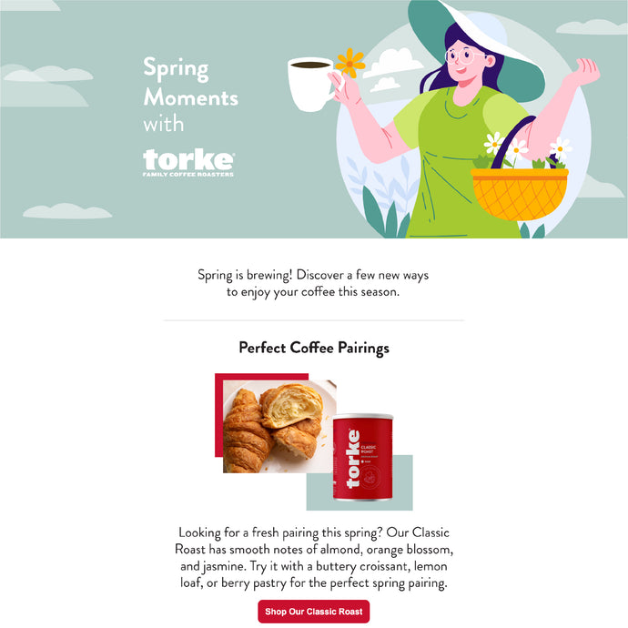 Promotional graphic for torke coffee with a woman holding a coffee cup and a basket, set against a light blue sky.