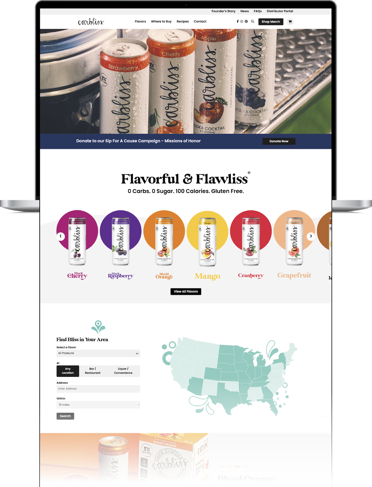 A laptop computer displaying a website for 'Flavorful & Flawless', showing product banners and flavor options for gluten-free canned sodas. The laptop is centered against a white background with a soft reflection below.
