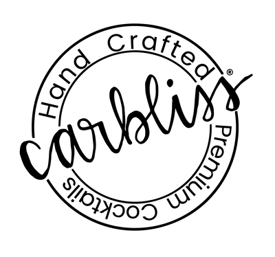 Circular logo with "Hand Crafted Cocktails" and "Premium" framing "carbliss" in script.