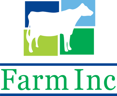 Logo of Farm Inc with a cow silhouette on a blue and green background