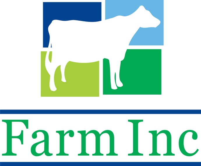 Logo of Farm Inc with a cow silhouette on a blue and green background