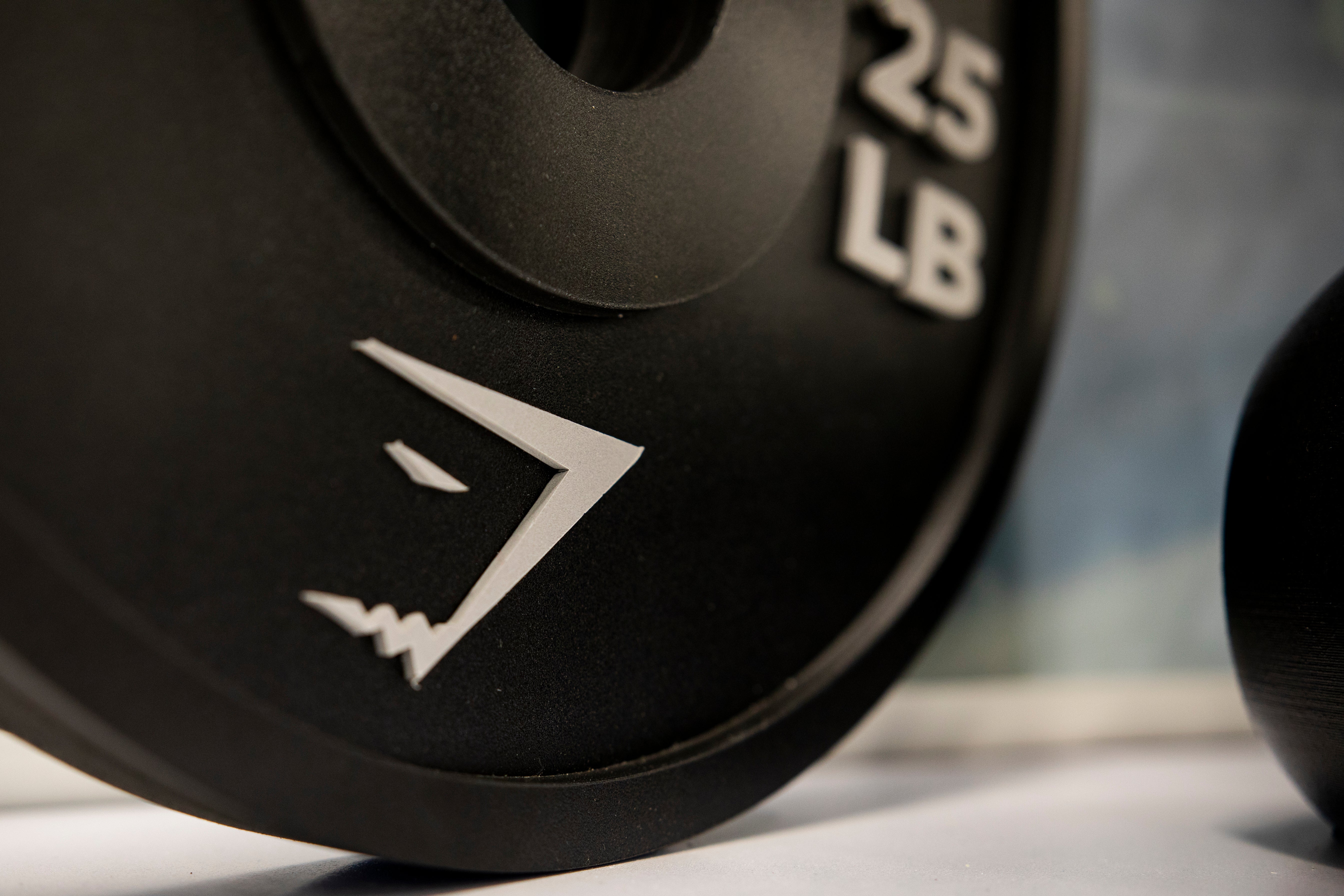 Close-up of a black weight plate with a logo on a blurred background
