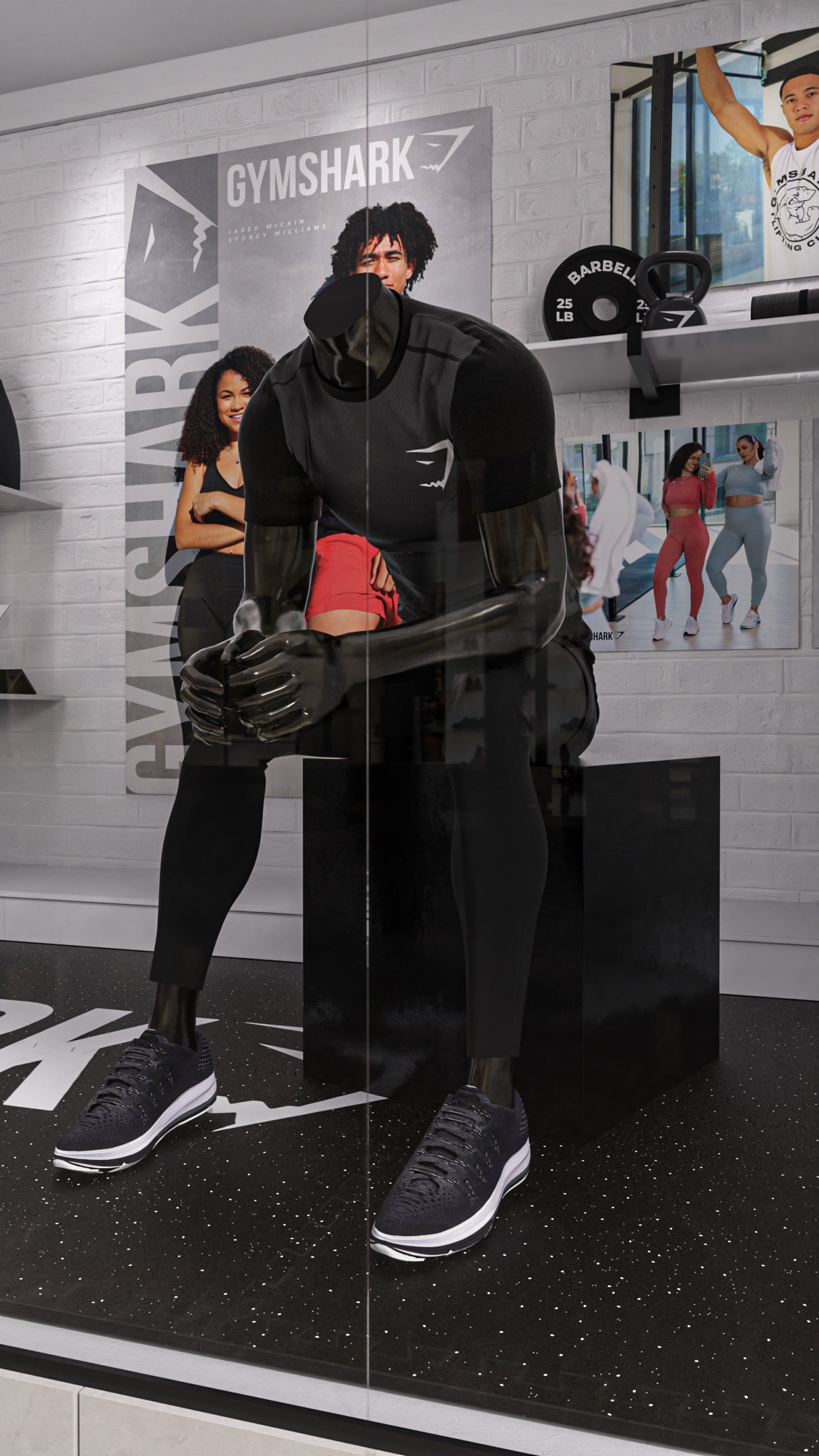 Mannequin wearing a black Gymshark outfit in a store setting