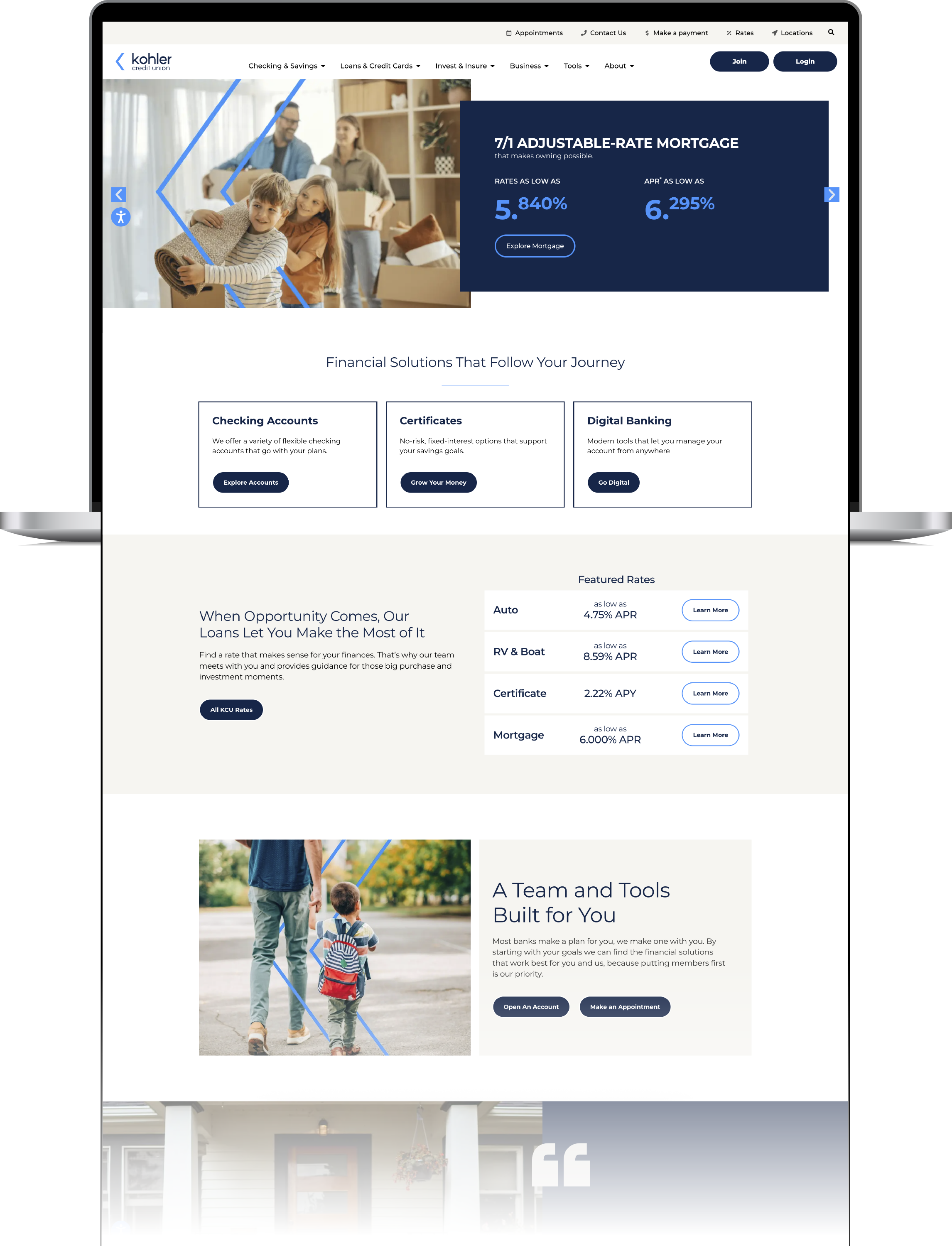 A laptop mockup displaying a website design for 'kōher' financial solutions, featuring sections for adjustable-rate mortgages, checking accounts, certificates, and digital banking, set against a clean white background with a soft reflection below.