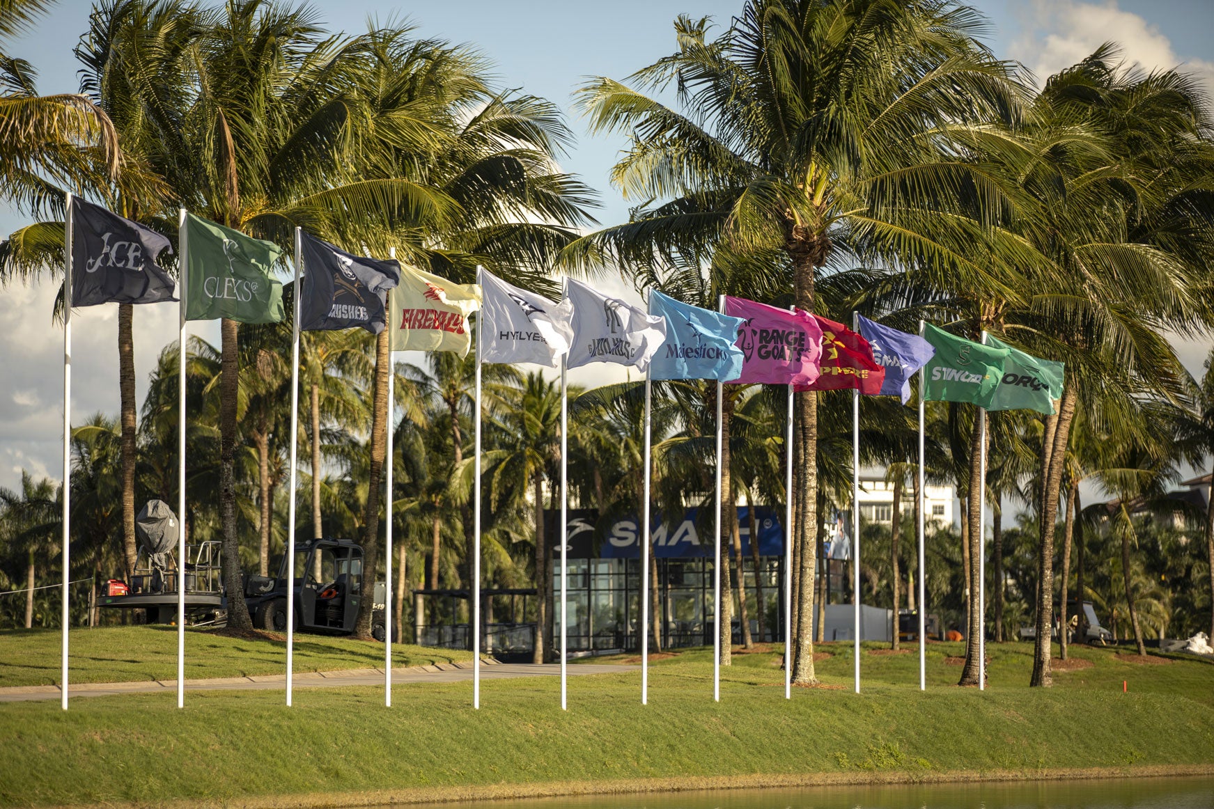 Row of colorful flags with company logos at a golf course with palm trees.