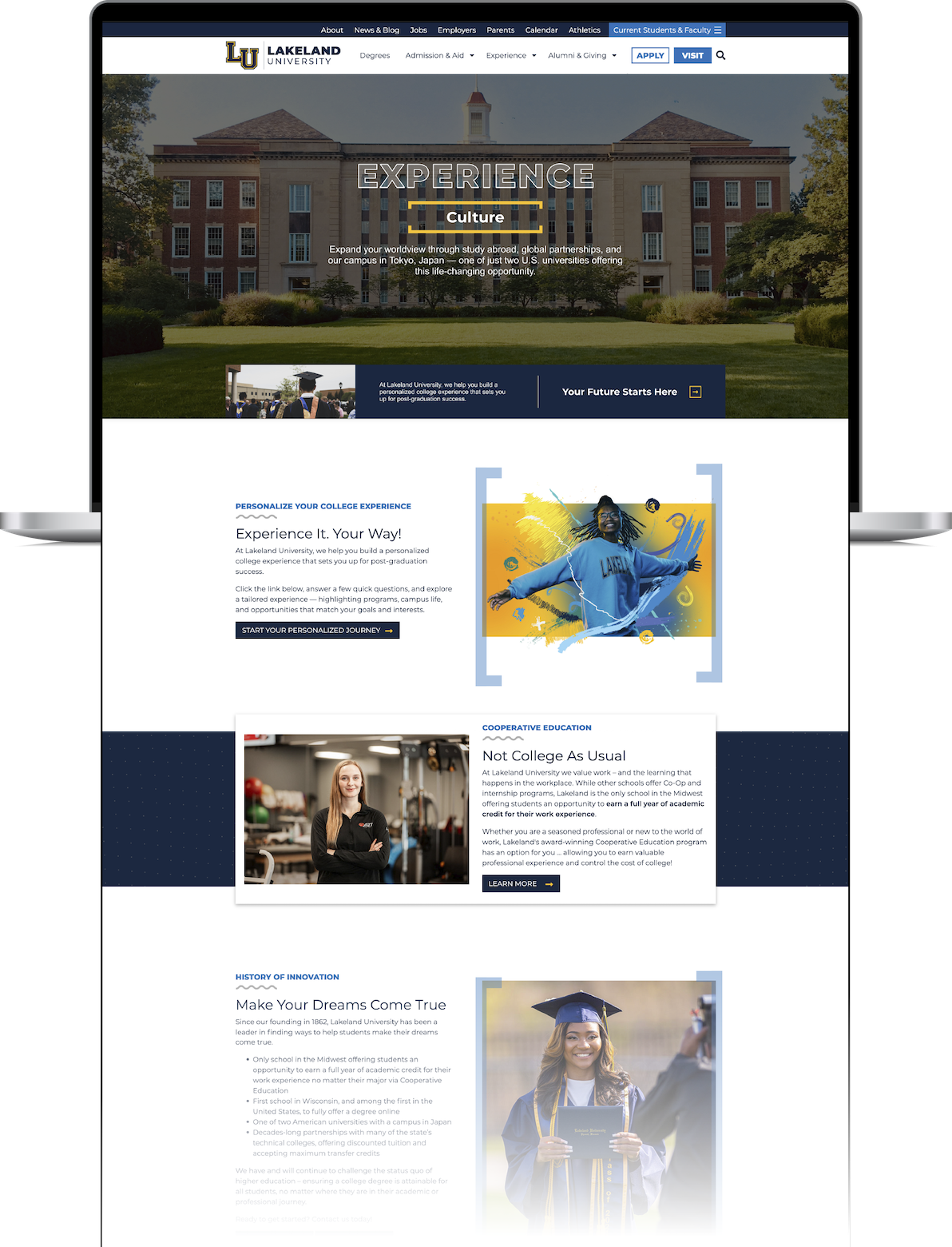 A laptop mockup displaying a website layout for Lake Land University, featuring a large campus building hero image, text sections, and student photos on a white page.