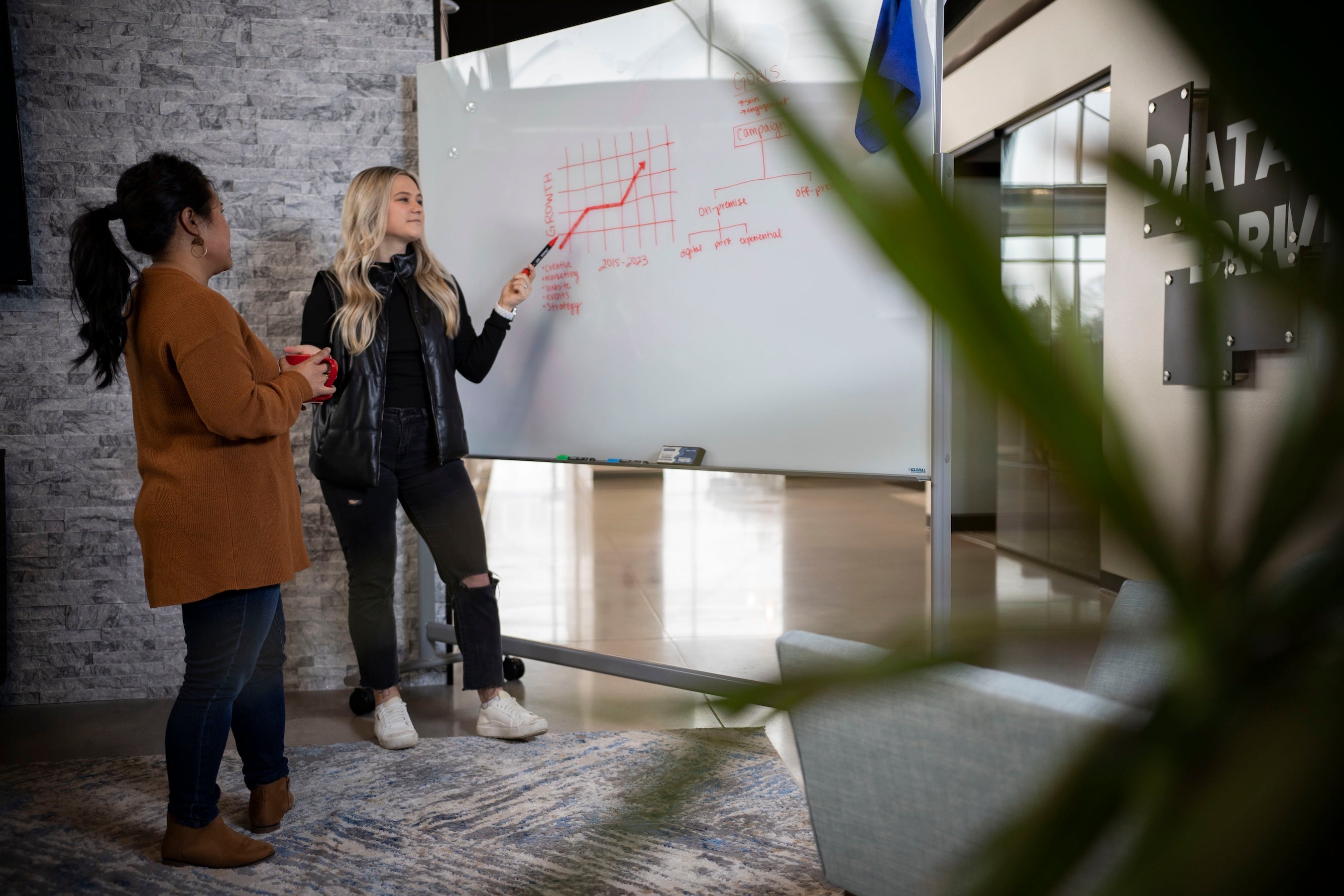 Two women discussing a graph on a whiteboard in an office setting.