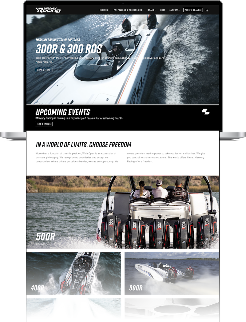 A website banner or promotional graphic for Yacht Club Miami, featuring multiple high-quality photographs of speedboats on the water, including the Yacht Club Miami 300R and 300RS, with text sections for upcoming events and boat specifications.