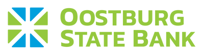 Oostburg State Bank logo with green text and blue and gray square design.
