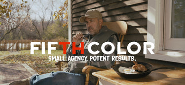 Man sitting on a porch with a bowl of food, featuring the Fifth Color logo.