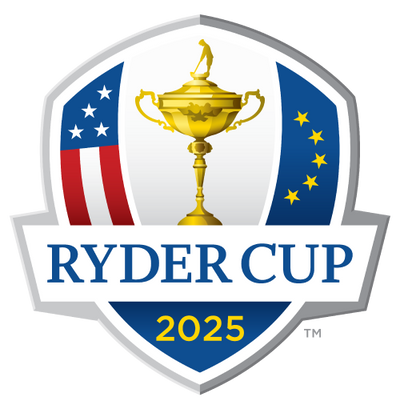 Ryder Cup 2025 logo featuring the trophy between the US and European flags.