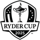 Ryder Cup 2025 logo with trophy, golfer silhouette, and stars.