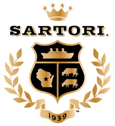 Sartori logo: gold crown, "SARTORI" text, shield with ship, Wisconsin outline, two cows, laurel branches, "1939" ribbon.