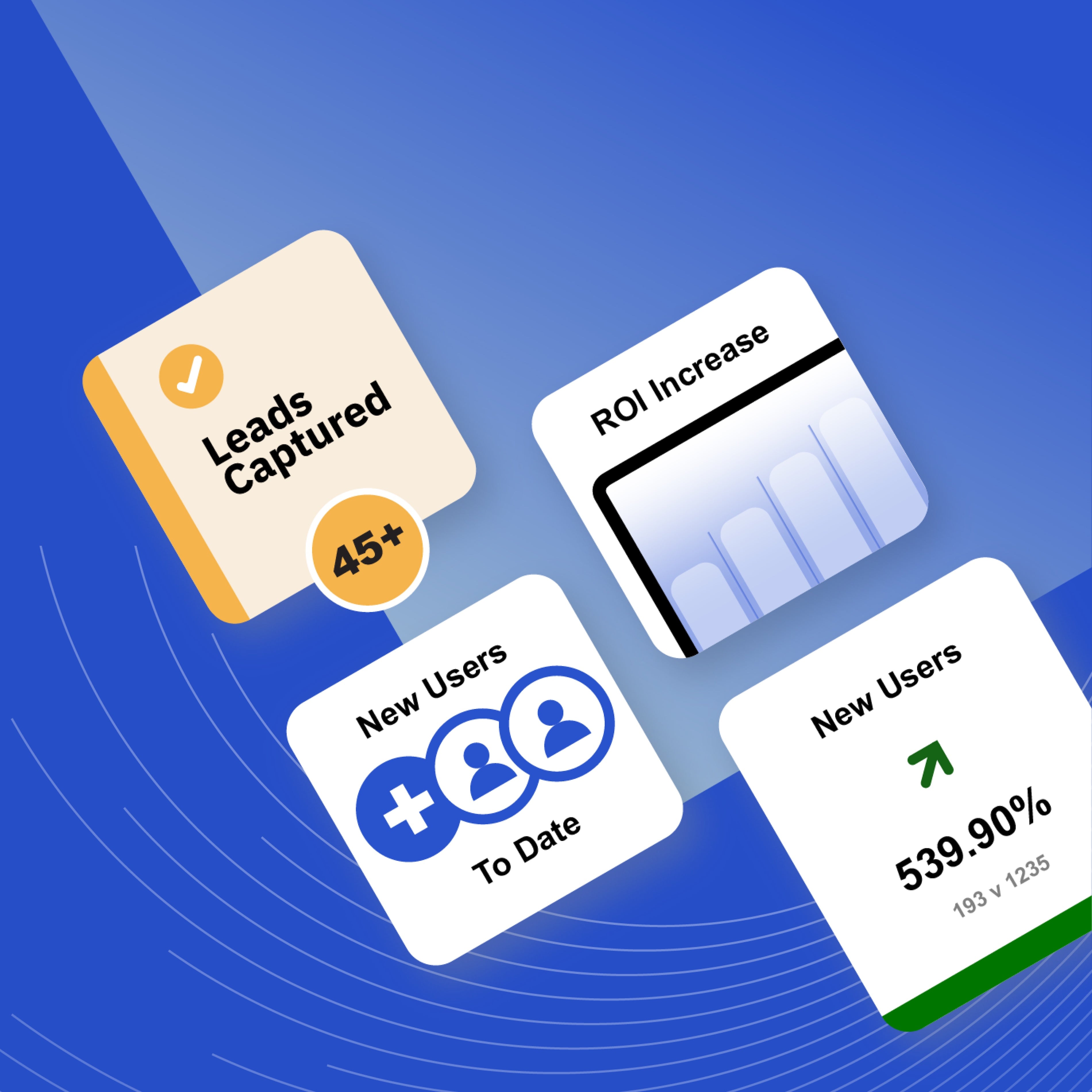 Four digital cards displaying metrics on a blue background