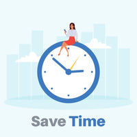 Woman sitting on a clock, using phone, with "Save Time" text below.