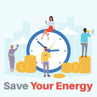 People and coins around a clock symbolize saving time and energy.
