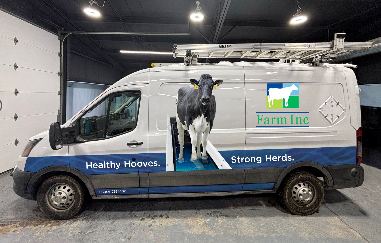 Van with 'Farm Inc' branding and a cow inside, parked in a garage.