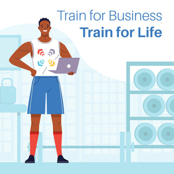 Fit man holding laptop in gym, text "Train for Business Train for Life