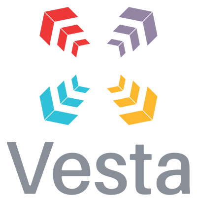 Colorful geometric shapes above the word 'Vesta' on a white background