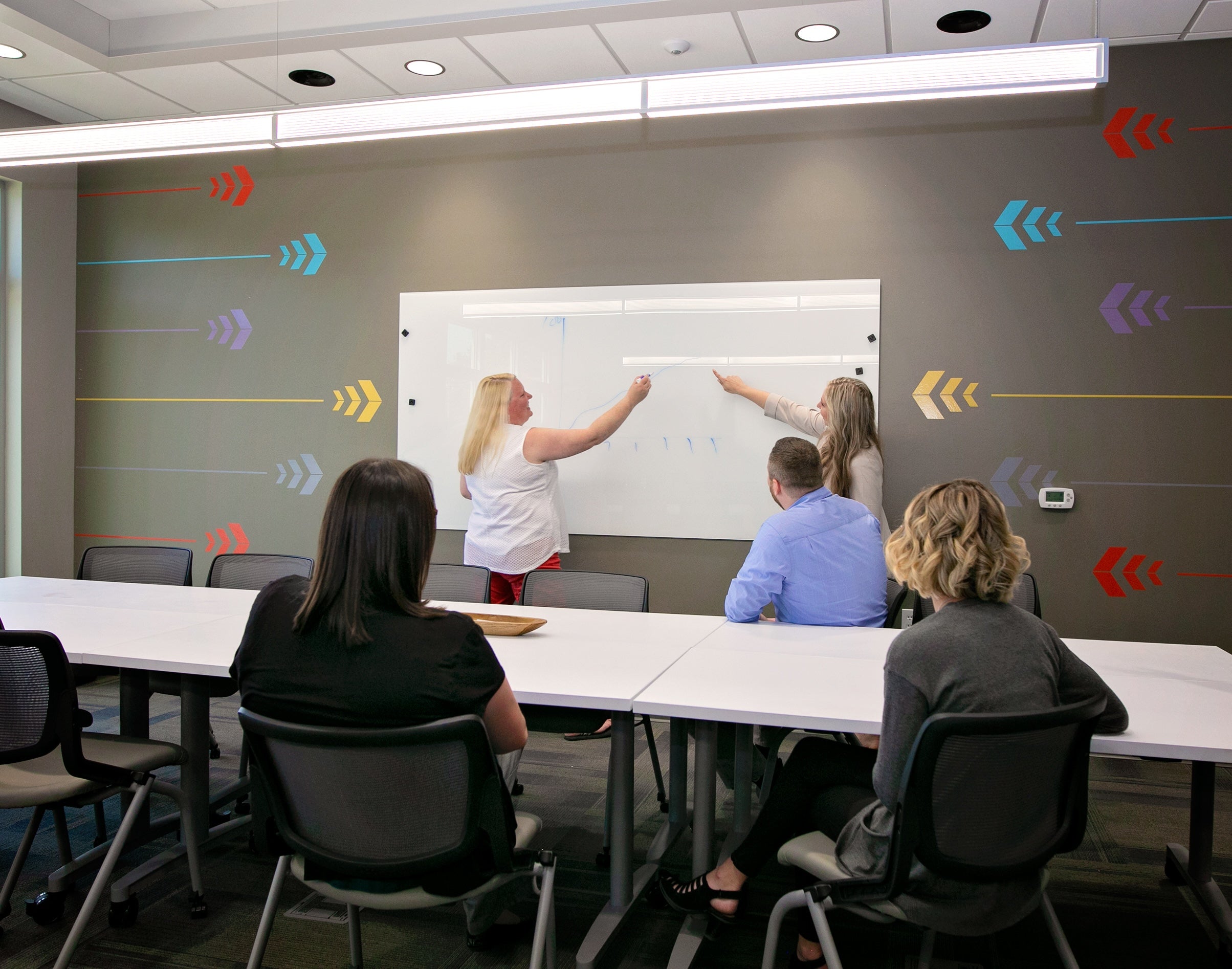 Four people in a modern office meeting room, with two women presenting at a whiteboard.