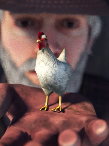 Man with a beard holding a chicken in his hand against a dark background