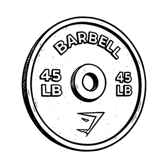Black and white illustration of a 45-pound weight plate for a barbell.