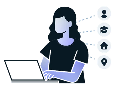 Illustration: a woman at a laptop with demographic icons for age, education, household, and location